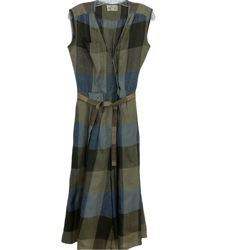 Vintage Valentino Boutique Sleeveless Blue & Green Linen Jumpsuit Size 8
